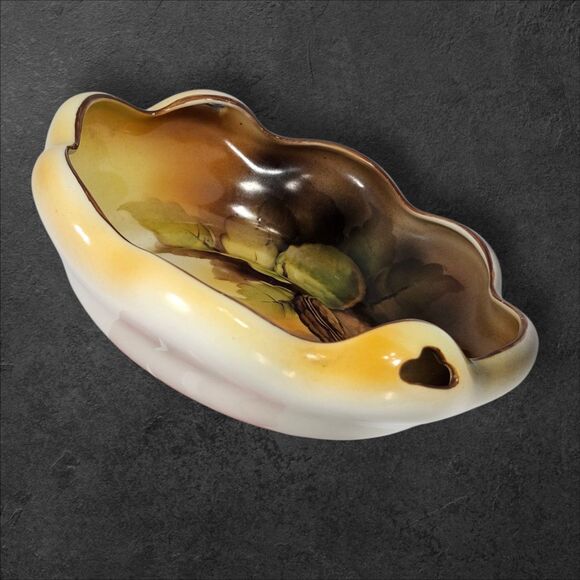 Vintage Noritake Hand Painted Nut Bowl w/ Handles M in Wreath Mark Japan Walnut - Picture 3 of 9